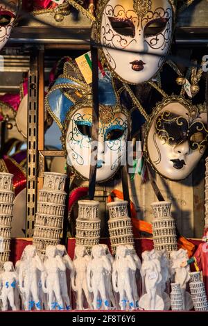 Souvenirs in a Street Stall, Statuettes, Masks, David, Venus, Leaning Tower of Pisa, in Florence, Italy Stock Photo