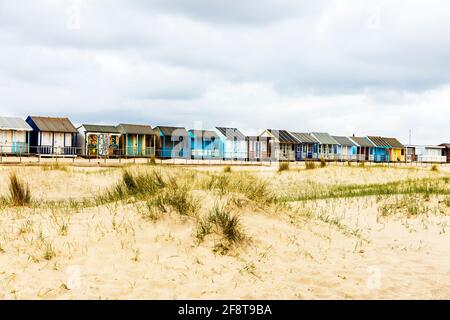 Sandilands beach huts, Sandilands chalets, beach huts, chalets, Sandilands, Sutton on sea, Lincolnshire, UK, Sandilands chalets, Sandilands beach Stock Photo