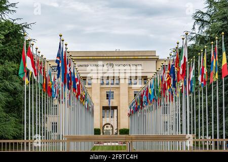 National flag at the entrance in United Nations office at Geneva, Switzerland Stock Photo