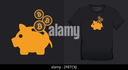 Bitcoin and saving piggy bank,  dark cryptocurrency design for t-shirt vector Stock Vector