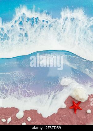 Resin art with blue ocean waves and beach with starfish. Epoxy resin art Stock Photo