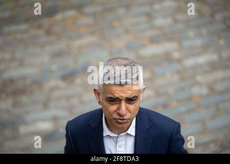 Labour's Mayor of London Sadiq Khan as he unveils a new campaign advert in Westminster, London, while on the campaign trail for the London Mayoral election. Picture date: Thursday April 15, 2021. Stock Photo