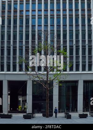 A woman, seen from behind, stands next to a tree; both dwarfed by the heavy, cyclopean bulk of a building. The tree’s leaves add the only real colour Stock Photo