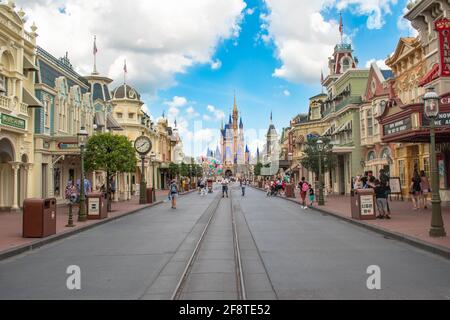 Orlando, Florida. September 02, 2020. Beautiful view of Cinderella Castle and Main Street at Magic Kingdom (136) Stock Photo