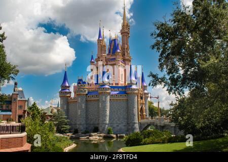 Orlando, Florida. September 02, 2020. Partial view of Cinderella Castle at Magic Kingdom (48) Stock Photo