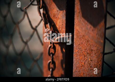 An old rusty gate with a mesh fence is closed on a rusty chain, illuminated by light. An abandoned place. Stock Photo
