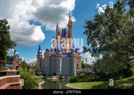 Orlando, Florida. September 02, 2020. Partial view of Cinderella Castle at Magic Kingdom (51) Stock Photo