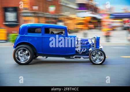 Luxury vintage car Ford Model A coupe hot rod 1930s 1932 FORD COUPE CHOPPED CHANNELED STEEL seen in South Street Seaport district, Lower Manhattan, Ne Stock Photo