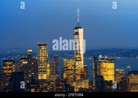 Aerial view of One world trade center building from Empire State building New York. Stock Photo