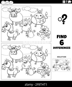 differences game with cartoon farm animals coloring page Stock Vector ...
