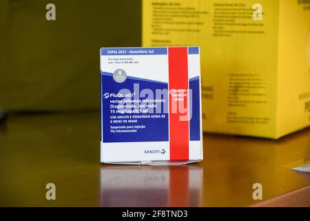 Fluquadri, package on a table. Fluquadri is quadrivalent vaccine, contains fragments of 4 different types of killed virus that protect infectious dise Stock Photo