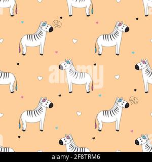 Cute zebra seamless pattern on an orange background. Vector illustration. Stock Vector