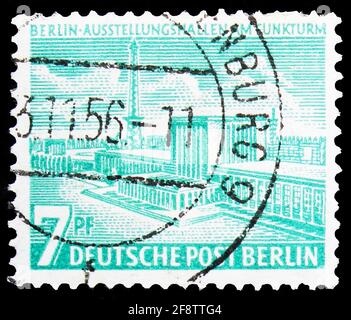 MOSCOW, RUSSIA - NOVEMBER 4, 2019: Postage stamp printed in Germany shows Exhibition halls at the radio tower, Berlin buildings serie, circa 1954 Stock Photo