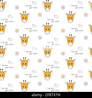 beautiful vector pattern with head giraffes, cute smiling face, with text. Stock Vector