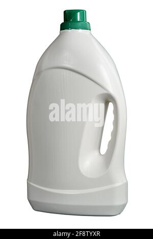 Blank bottle of laundry detergent or fabric softener isolated on white background. Plastic white bottle with green cap. Mockup Stock Photo