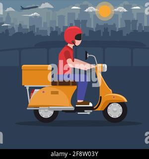 Man helmet riding on scooter or motorcycle. Delivery concept. Flat and solid color vector illustration. Stock Vector