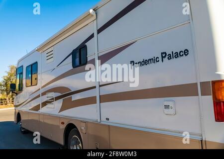 Pandemic Palace RV, with an owner with a sense of humor, at Carlsbad Caverns National Park in 2020, New Mexico, USA [No property release; available fo Stock Photo