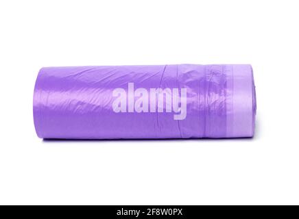 skein of purple plastic trash bags with strings isolated on white background, close up Stock Photo