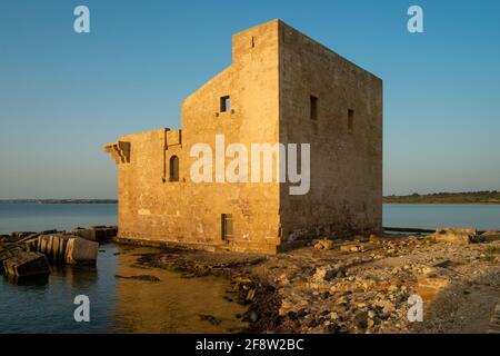 The Swabian Tower inside the Vendicari Natural Reserve in early morning. Syracuse province, Sicily, Italy. Stock Photo