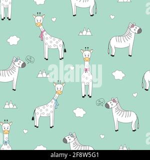 children's vector pattern with cute giraffes and zebras, in pastel colors. Stock Vector
