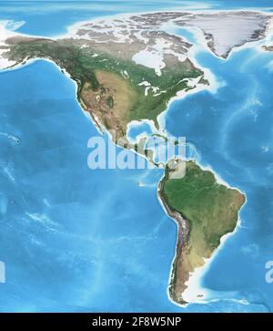 Physical map of America, North, Central and South, with high resolution details. Flattened satellite view of Planet Earth - Elements furnished by NASA Stock Photo