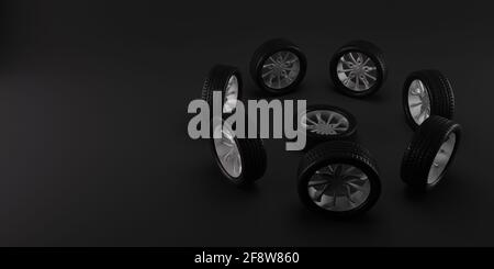 Wheels describe a circular motion around another wheel. Roundabout Circulation on a dark grey background. 3D illustration Stock Photo