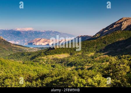 View from mountain pass of Treskavac, at the entrance to the Baška valley, Krk Island. Croatia. Europe. Stock Photo