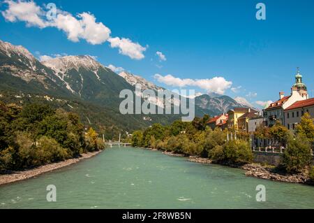 Dramatic view of the Alps in Innsbruck Austria from downtown on a nice sunny day Stock Photo