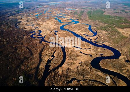 Aerial drone view of river in valley. Natural landscape Stock Photo