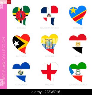Сollection of flags in the shape of a heart. 9 heart icon with flag of country Dominica, Dominican Republic, DR Congo, East Timor, Ecuador, Egypt, El Stock Vector
