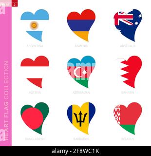 Сollection of flags in the shape of a heart. 9 heart icon with flag of country Argentina, Armenia, Australia, Austria, Azerbaijan, Bahrain, Bangladesh Stock Vector