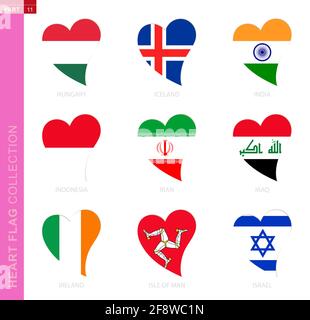 Сollection of flags in the shape of a heart. 9 heart icon with flag of country Hungary, Iceland, India, Indonesia, Iran, Iraq, Ireland, Isle of Man, I Stock Vector