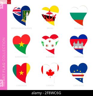 Сollection of flags in the shape of a heart. 9 heart icon with flag of country British Virgin Islands, Brunei, Bulgaria, Burkina Faso, Burundi, Cambod Stock Vector