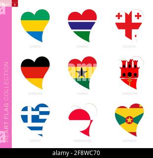 Сollection of flags in the shape of a heart. 9 heart icon with flag of country Gabon, Gambia, Georgia, Germany, Ghana, Gibraltar, Greece, Greenland, G Stock Vector