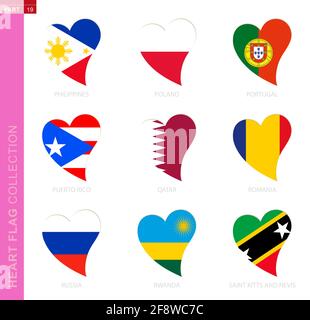 Сollection of flags in the shape of a heart. 9 heart icon with flag of country Philippines, Poland, Portugal, Puerto Rico, Qatar, Romania, Russia, Rwa Stock Vector