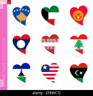 Сollection of flags in the shape of a heart. 9 heart icon with flag of country Kosovo, Kuwait, Kyrgyzstan, Laos, Latvia, Lebanon, Lesotho, Liberia, Li Stock Vector