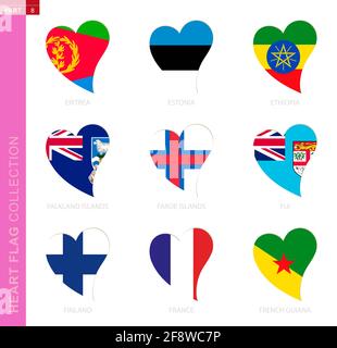 Сollection of flags in the shape of a heart. 9 heart icon with flag of country Eritrea, Estonia, Ethiopia, Falkland Islands, Faroe Islands, Fiji, Finl Stock Vector