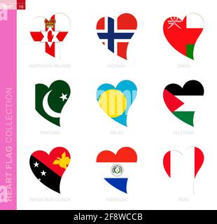 Сollection of flags in the shape of a heart. 9 heart icon with flag of country Northern Ireland, Norway, Oman, Pakistan, Palau, Palestine, Papua New G Stock Vector