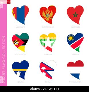 Сollection of flags in the shape of a heart. 9 heart icon with flag of country Mongolia, Montenegro, Morocco, Mozambique, Myanmar, Namibia, Nauru, Nep Stock Vector