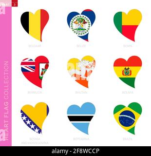 Сollection of flags in the shape of a heart. 9 heart icon with flag of country Belgium, Belize, Benin, Bermuda, Bhutan, Bolivia, Bosnia and Herzegovin Stock Vector
