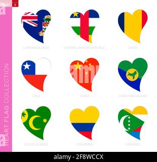 Сollection of flags in the shape of a heart. 9 heart icon with flag of country Cayman Islands, Central African Republic, Chad, Chile, China, Christmas Stock Vector