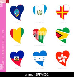 Сollection of flags in the shape of a heart. 9 heart icon with flag of country Guam, Guatemala, Guernsey, Guinea, Guinea-Bissau, Guyana, Haiti, Hondur Stock Vector