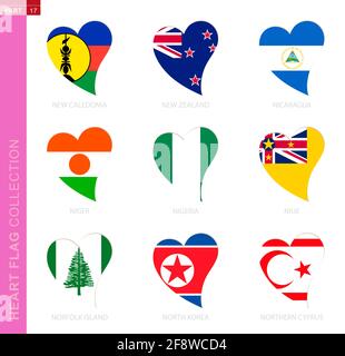 Сollection of flags in the shape of a heart. 9 heart icon with flag of country New Caledonia, New Zealand, Nicaragua, Niger, Nigeria, Niue, Norfolk Is Stock Vector