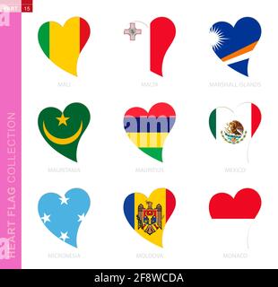 Сollection of flags in the shape of a heart. 9 heart icon with flag of country Mali, Malta, Marshall Islands, Mauritania, Mauritius, Mexico, Micronesi Stock Vector
