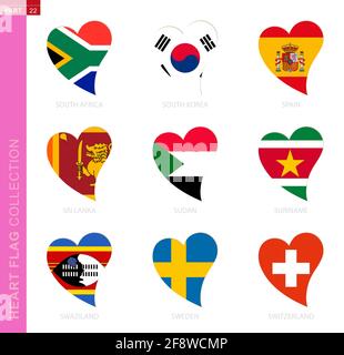 Сollection of flags in the shape of a heart. 9 heart icon with flag of country South Africa, South Korea, Spain, Sri Lanka, Sudan, Suriname, Swaziland Stock Vector