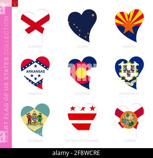 Сollection of US State flags in the shape of a heart. 9 heart icon with state flag of Alabama, Alaska, Arizona, Arkansas, Colorado, Connecticut, Delaw Stock Vector