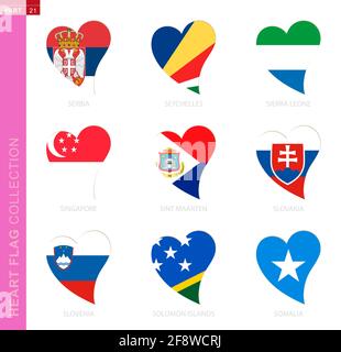 Сollection of flags in the shape of a heart. 9 heart icon with flag of country Serbia, Seychelles, Sierra Leone, Singapore, Sint Maarten, Slovakia, Sl Stock Vector