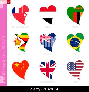 Сollection of flags in the shape of a heart. 9 heart icon with flag of country Australia, Brazil, China, UK, USA, Wallis and Futuna, Yemen, Zambia, Zi Stock Vector