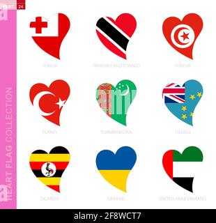 Сollection of flags in the shape of a heart. 9 heart icon with flag of country Tonga, Trinidad and Tobago, Tunisia, Turkey, Turkmenistan, Tuvalu, Ugan Stock Vector