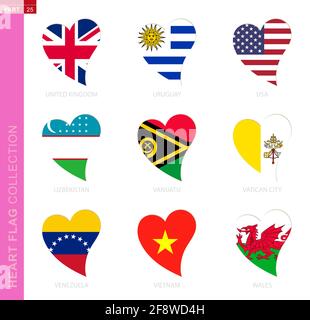 Сollection of flags in the shape of a heart. 9 heart icon with flag of country United Kingdom, Uruguay, USA, Uzbekistan, Vanuatu, Vatican City, Venezu Stock Vector